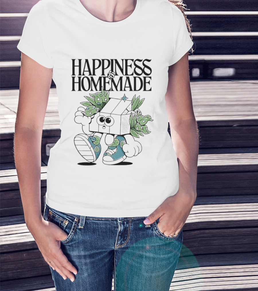 Happiness Is Homemade Cute Cartoon Box Character With Flowers T-Shirt