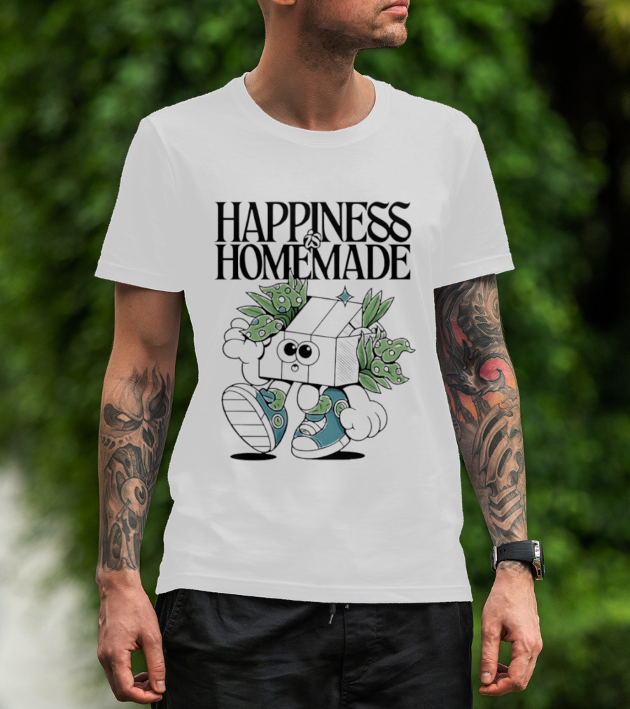 Happiness Is Homemade Cute Cartoon Box Character With Flowers T-Shirt