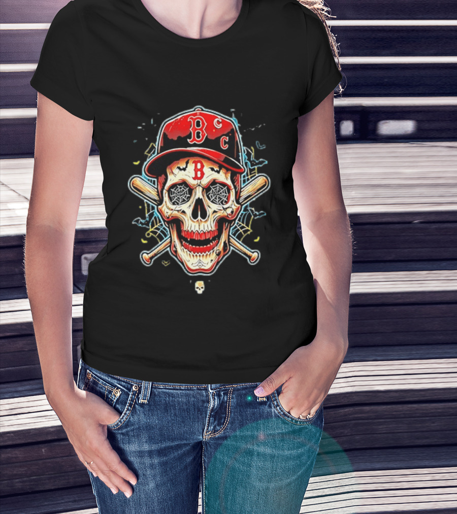 Boston Red Sox Skull Baseball Crossed Bats Red Cap T-Shirt