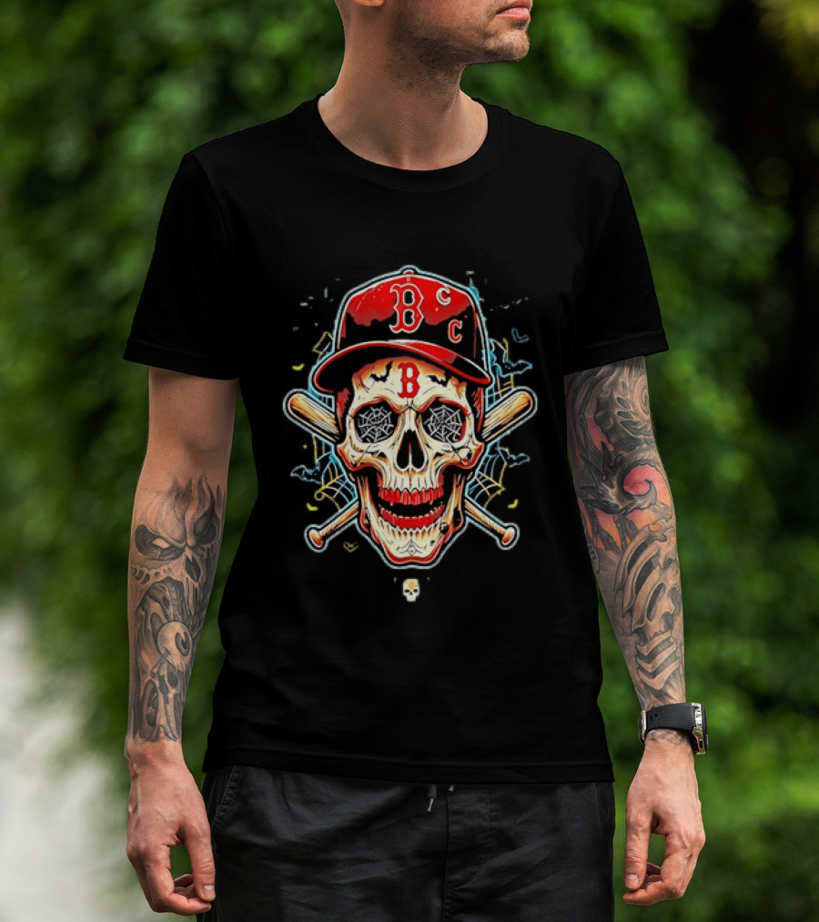 Boston Red Sox Skull Baseball Crossed Bats Red Cap T-Shirt
