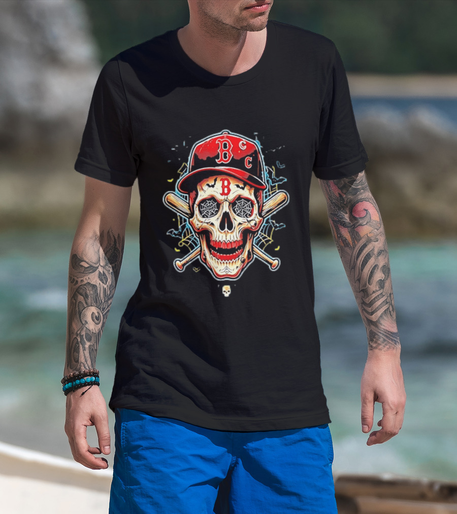Boston Red Sox Skull Baseball Crossed Bats Red Cap T-Shirt