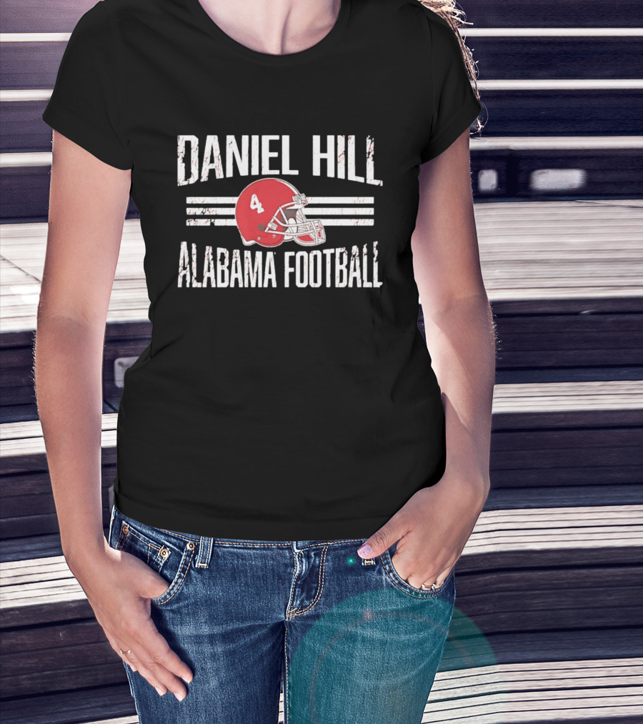 Daniel Hill Alabama Football Number 4 Red Helmet Distressed T-Shirt