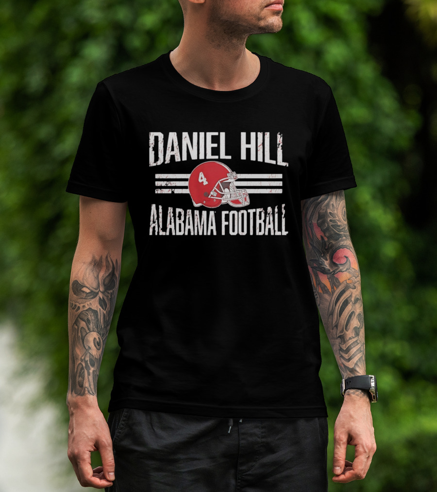 Daniel Hill Alabama Football Number 4 Red Helmet Distressed T-Shirt