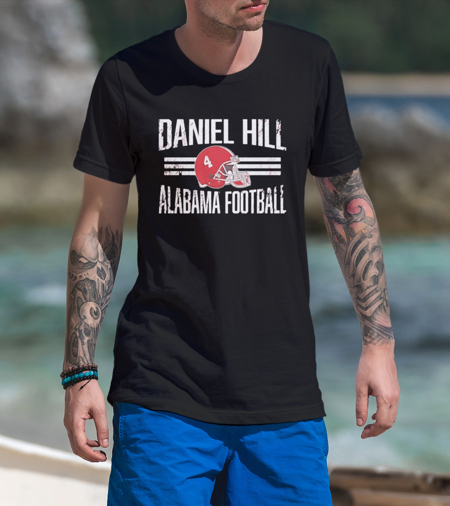 Daniel Hill Alabama Football Number 4 Red Helmet Distressed T-Shirt