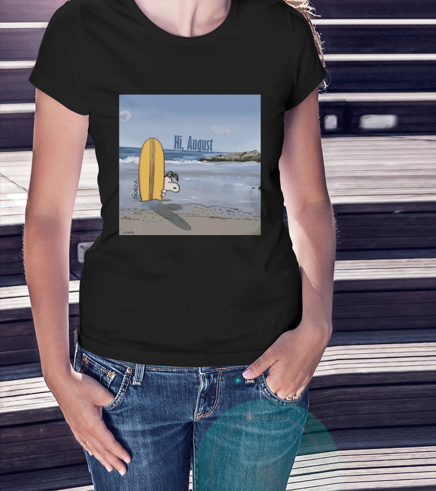 Snoopy Hi August Surfboard Beach Scene By Schulz T-Shirt