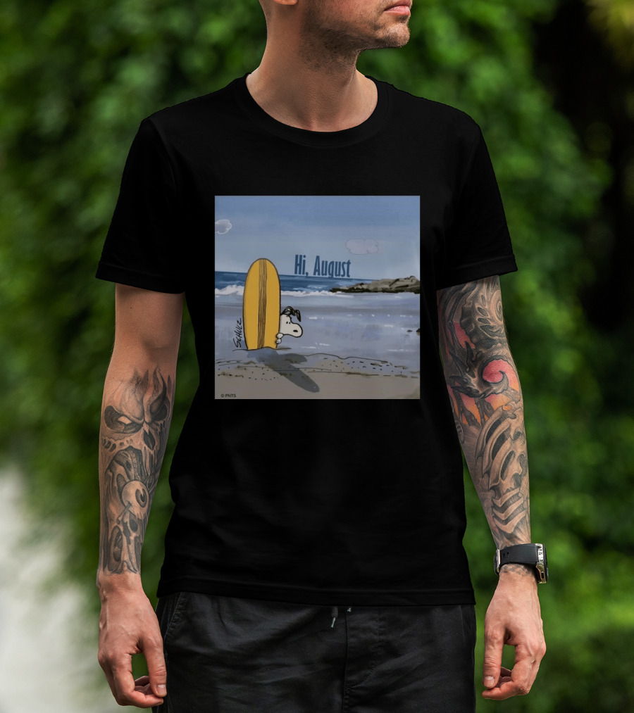 Snoopy Hi August Surfboard Beach Scene By Schulz T-Shirt