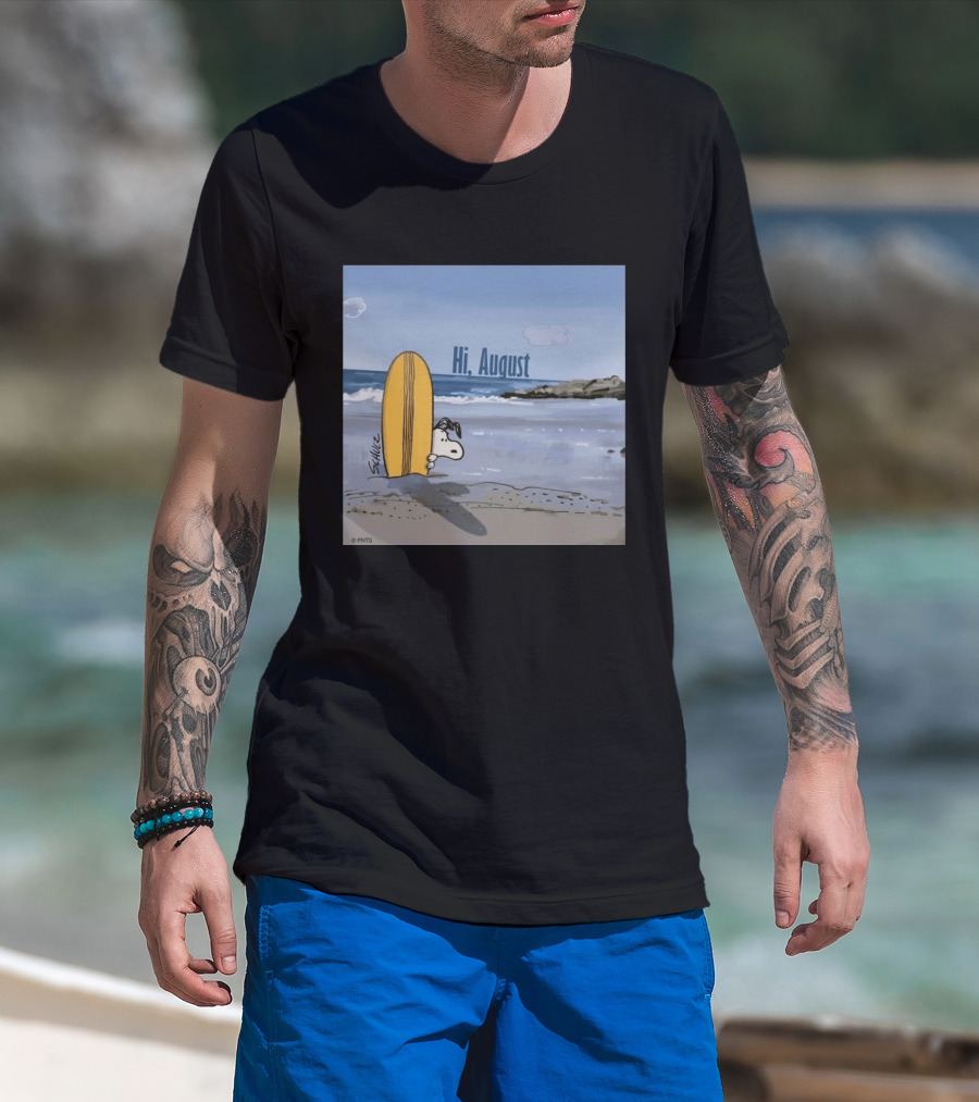 Snoopy Hi August Surfboard Beach Scene By Schulz T-Shirt