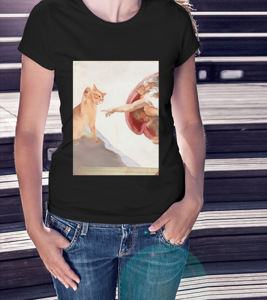 The Creation Of Adam With A Cat By Michelangelo T-Shirt