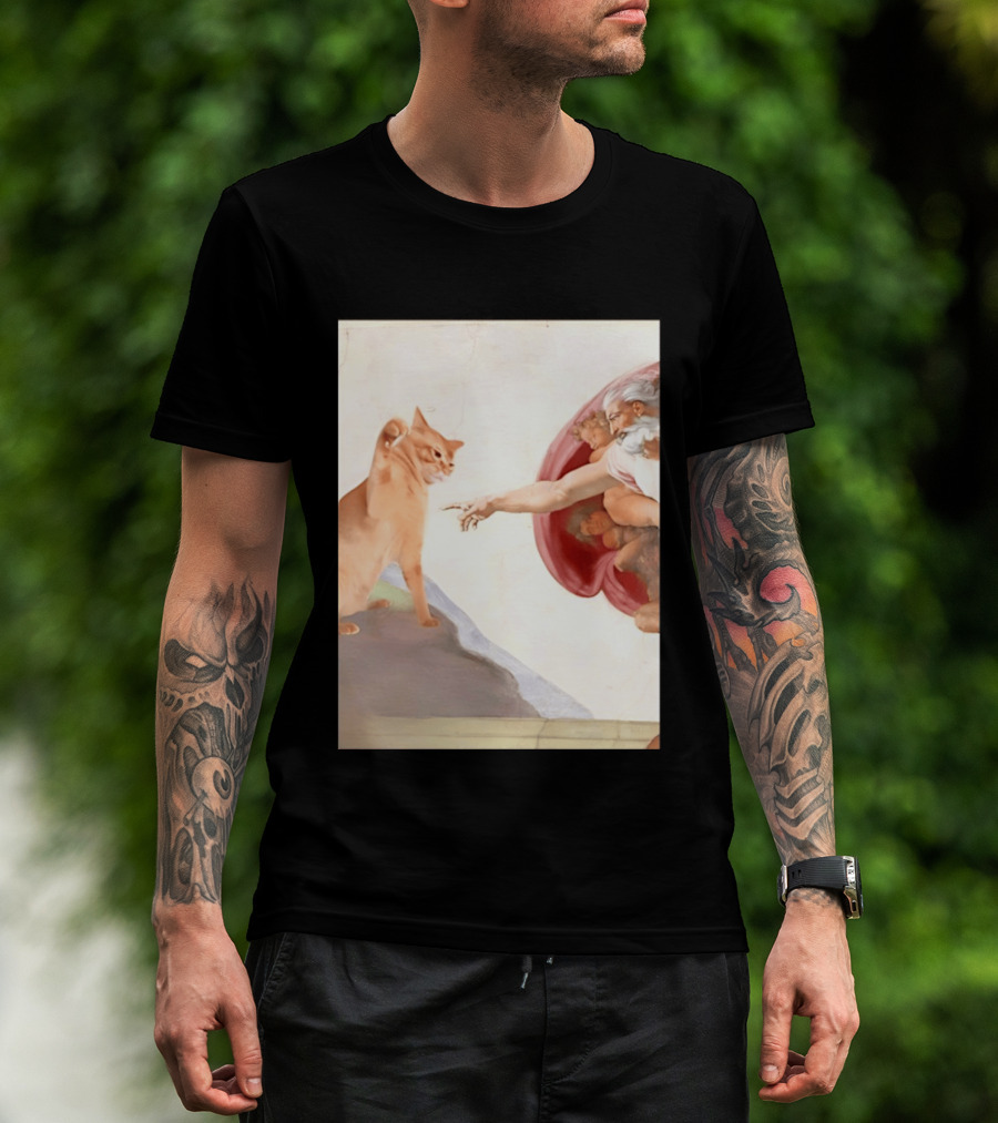 The Creation Of Adam With A Cat By Michelangelo T-Shirt