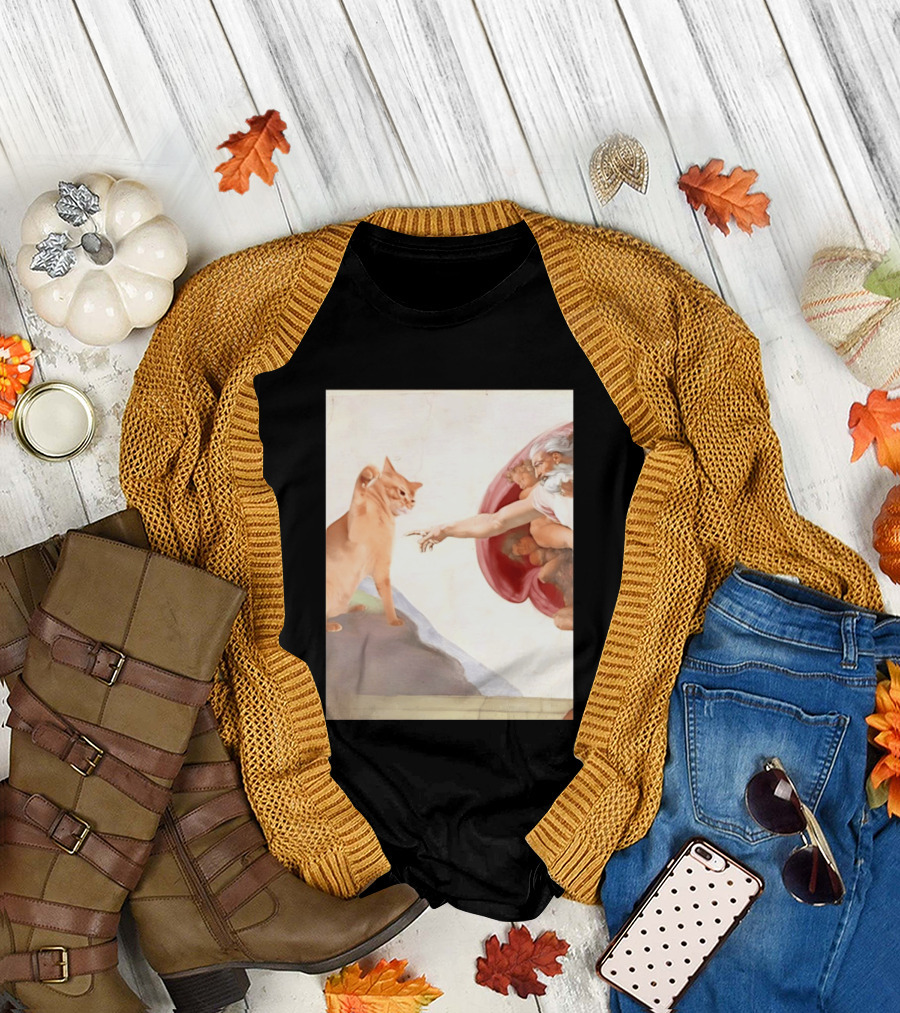 The Creation Of Adam With A Cat By Michelangelo T-Shirt