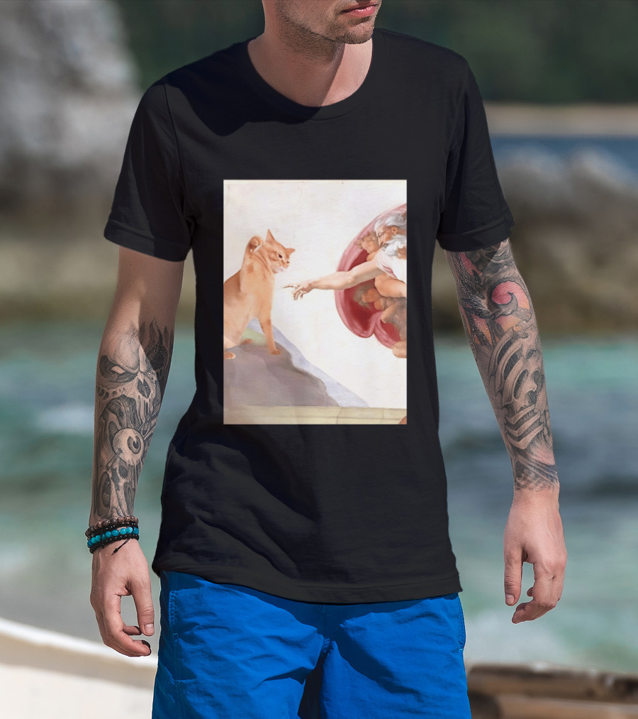 The Creation Of Adam With A Cat By Michelangelo T-Shirt