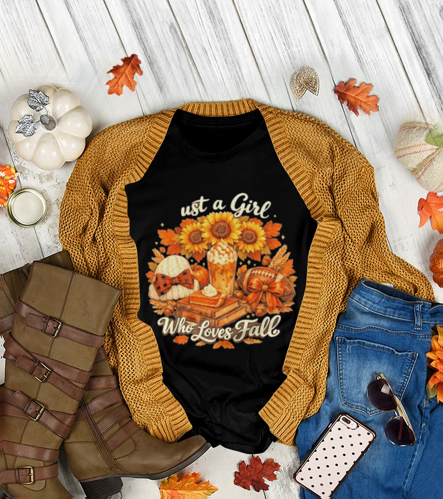 Just A Girl Who Loves Fall Sunflowers Pumpkins Leaves Cozy Autumn Aesthetic Football T-Shirt
