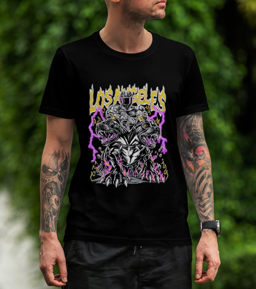 Los Angeles Rider With Two Headed Pitbull And Flames T-Shirt