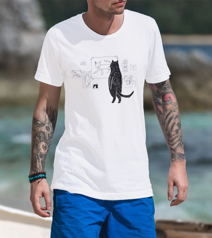 Black Cat Observing Doodle Drawings Of Cats T-Shirt