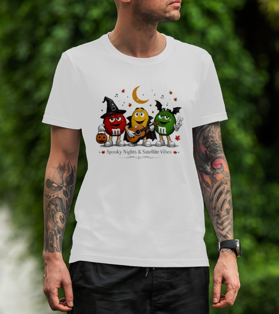 M&M's Spooky Nights & Satellite Vibes Halloween Pumpkin Witch Guitar Bat Moon T-Shirt