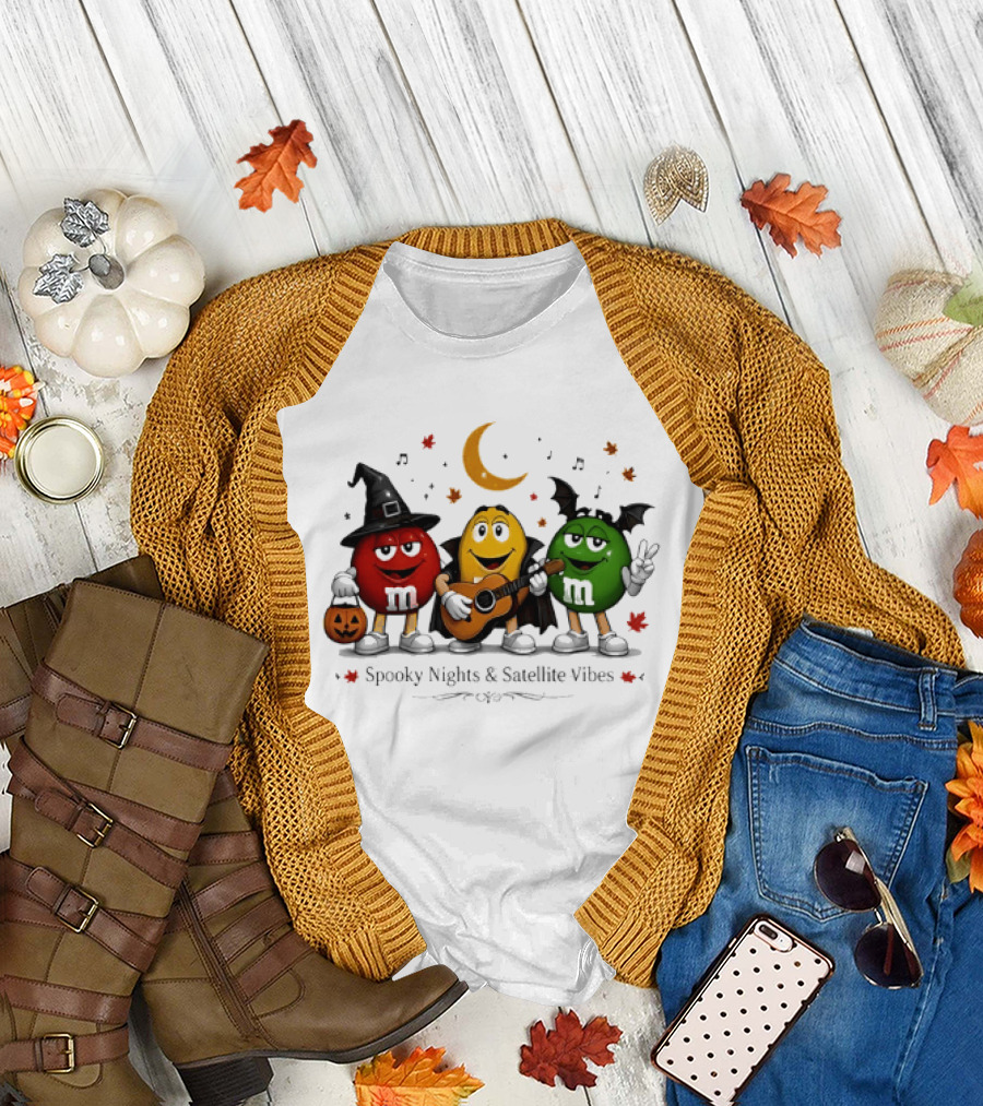 M&M's Spooky Nights & Satellite Vibes Halloween Pumpkin Witch Guitar Bat Moon T-Shirt