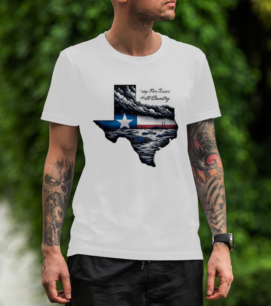 Pray For Texas Hill Country Map Texas Flag Storm Clouds T-Shirt