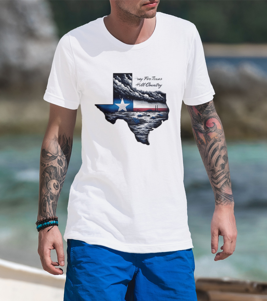Pray For Texas Hill Country Map Texas Flag Storm Clouds T-Shirt