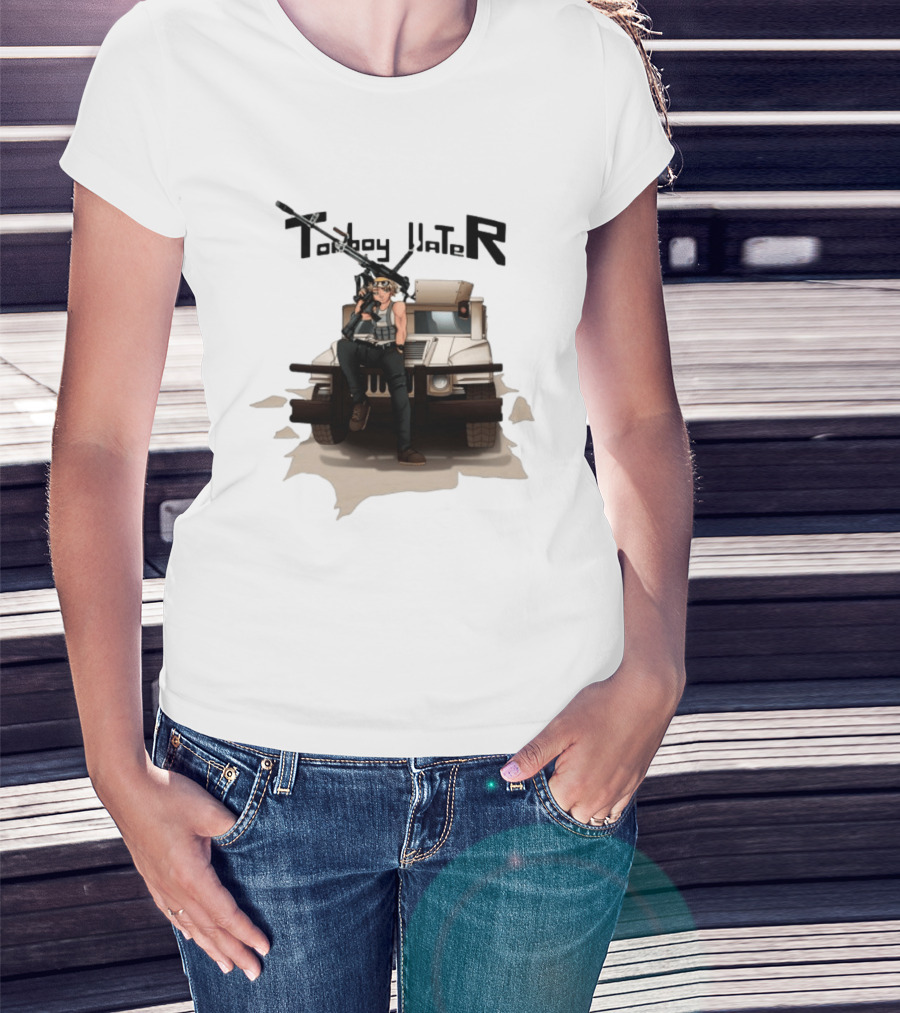 Tomboy Hater Anime Character With Gun And Armored Vehicle T-Shirt