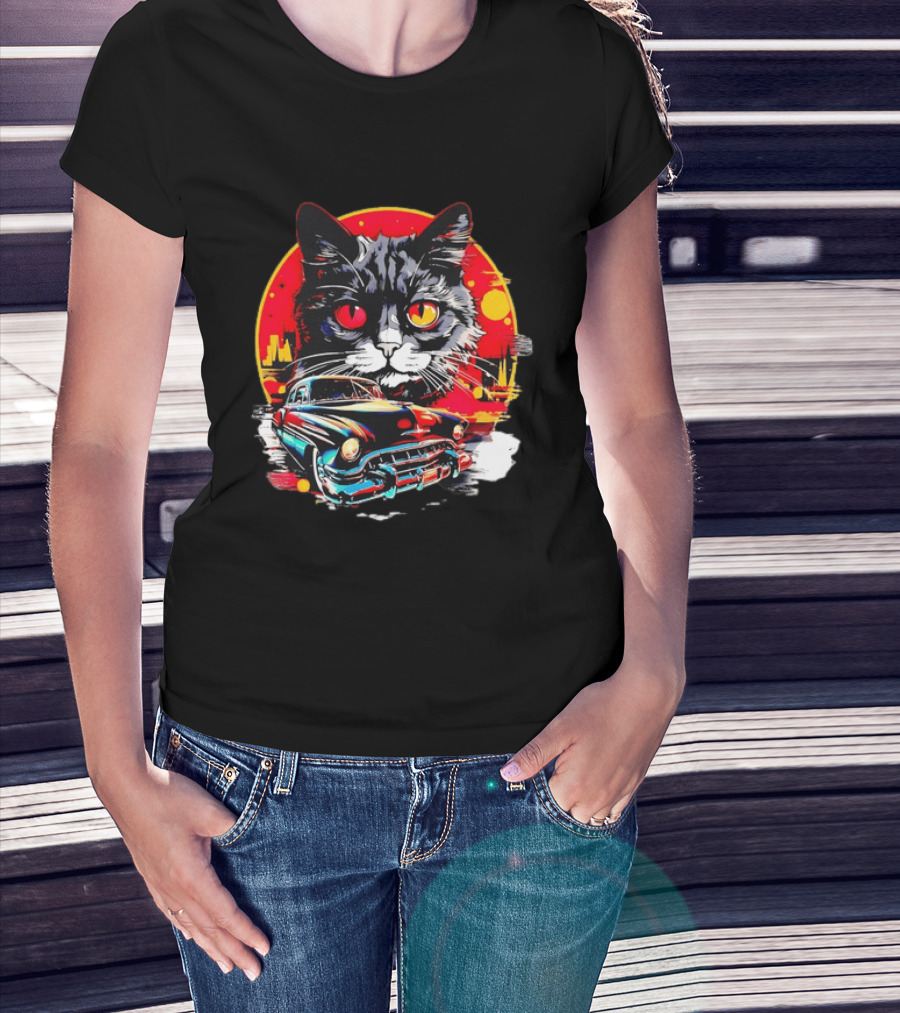 Black Cat With Vintage Classic Car And Retro Sunset T-Shirt