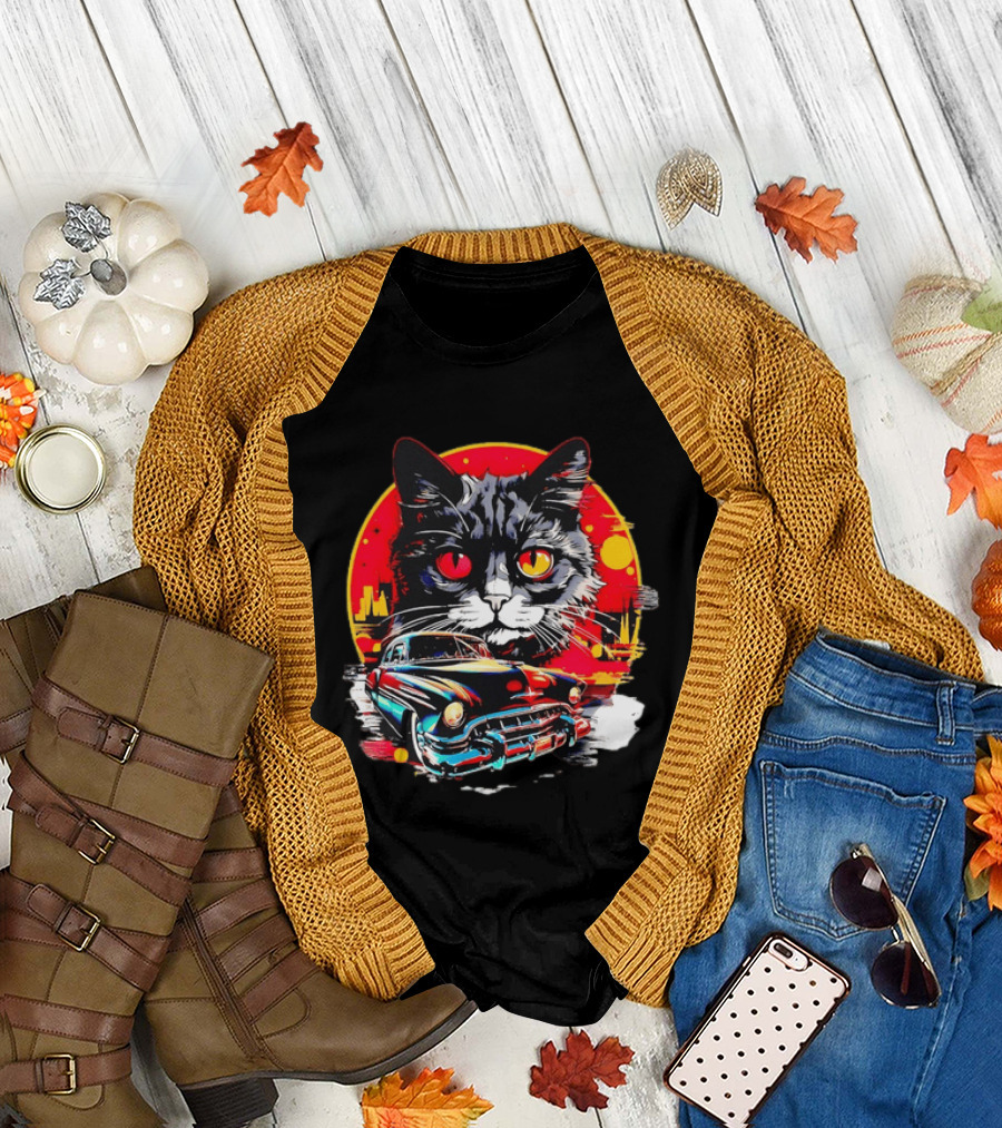 Black Cat With Vintage Classic Car And Retro Sunset T-Shirt