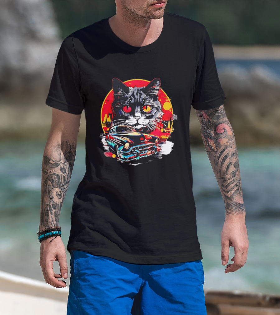 Black Cat With Vintage Classic Car And Retro Sunset T-Shirt