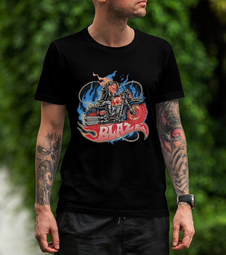 Blaze Flaming Skull Motorcycle Rider Blue Flame T-Shirt