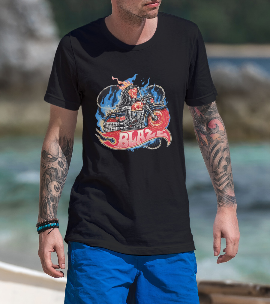 Blaze Flaming Skull Motorcycle Rider Blue Flame T-Shirt