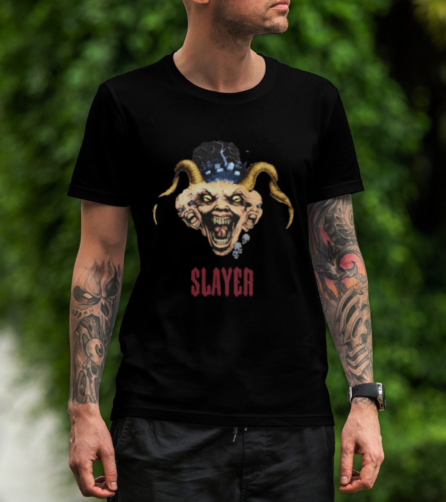 Slayer Triple Demon Head With Horns And Skulls T-Shirt