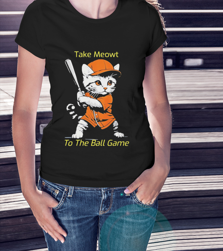 Take Meowt To The Ball Game Baseball Cat In Orange Uniform With Bat T-Shirt