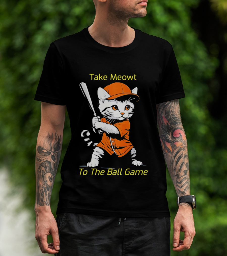 Take Meowt To The Ball Game Baseball Cat In Orange Uniform With Bat T-Shirt