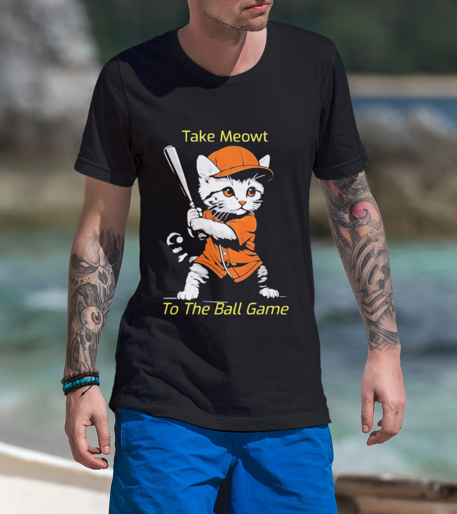 Take Meowt To The Ball Game Baseball Cat In Orange Uniform With Bat T-Shirt