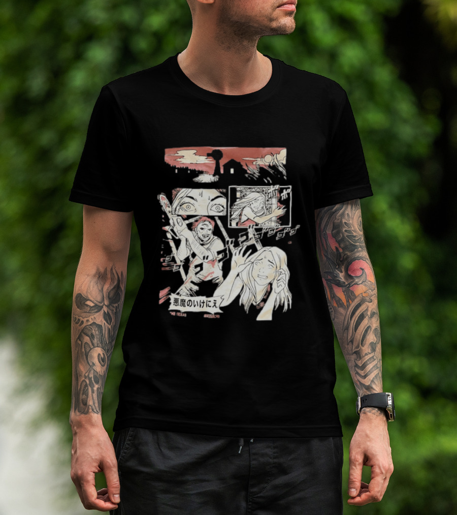 The Texas Chain Saw Massacre Manga Horror Panel With Japanese Text And Chainsaw Action T-Shirt