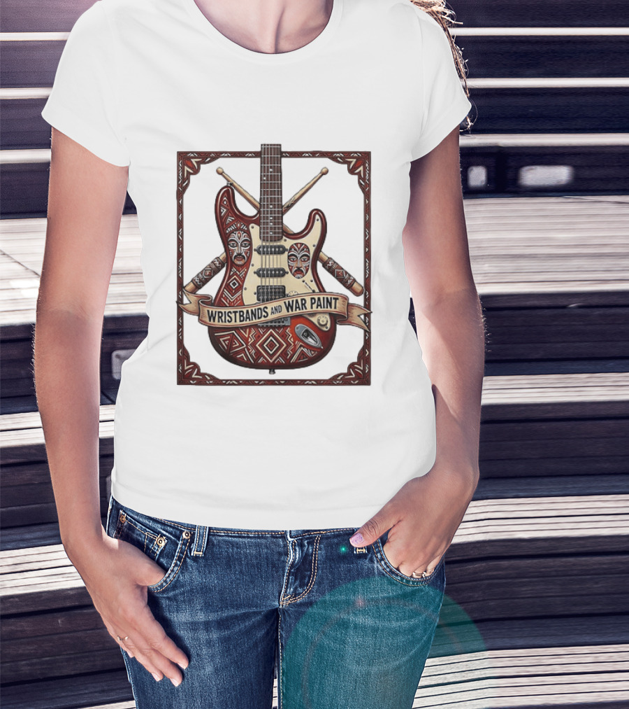 Wristbands And War Paint Electric Guitar Tribal Mask T-Shirt