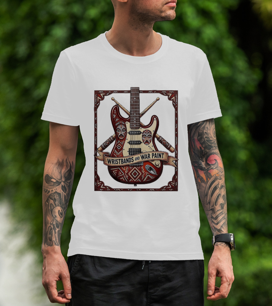Wristbands And War Paint Electric Guitar Tribal Mask T-Shirt