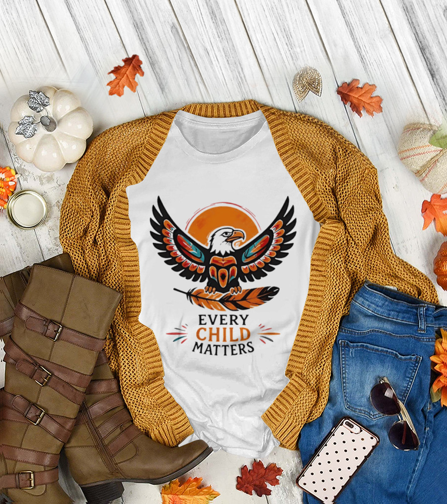 Every Child Matters Indigenous Eagle Feather Orange Sun T-Shirt