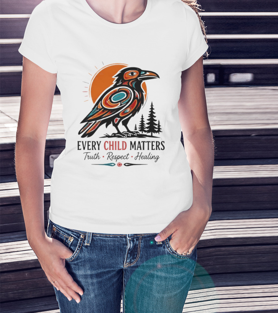 Every Child Matters Truth Respect Healing Raven With Sun And Trees T-Shirt