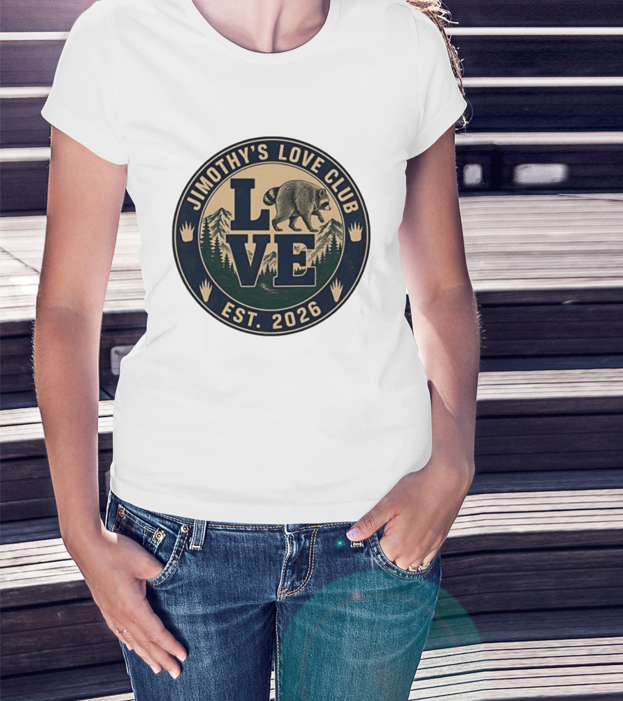 Jimothy's Love Club Raccoon Love Est 2026 Mountain Shield T-Shirt