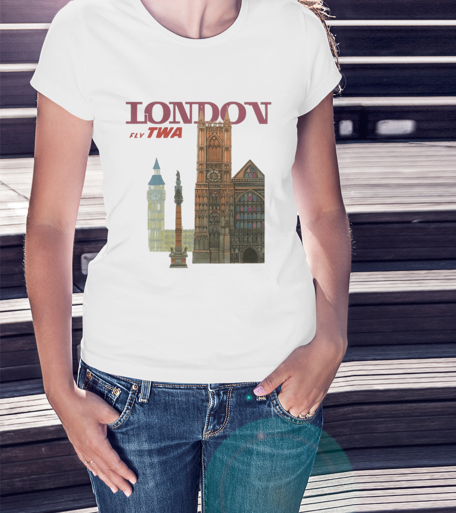 London Fly TWA Travel Big Ben Westminster Abbey Landmark T-Shirt