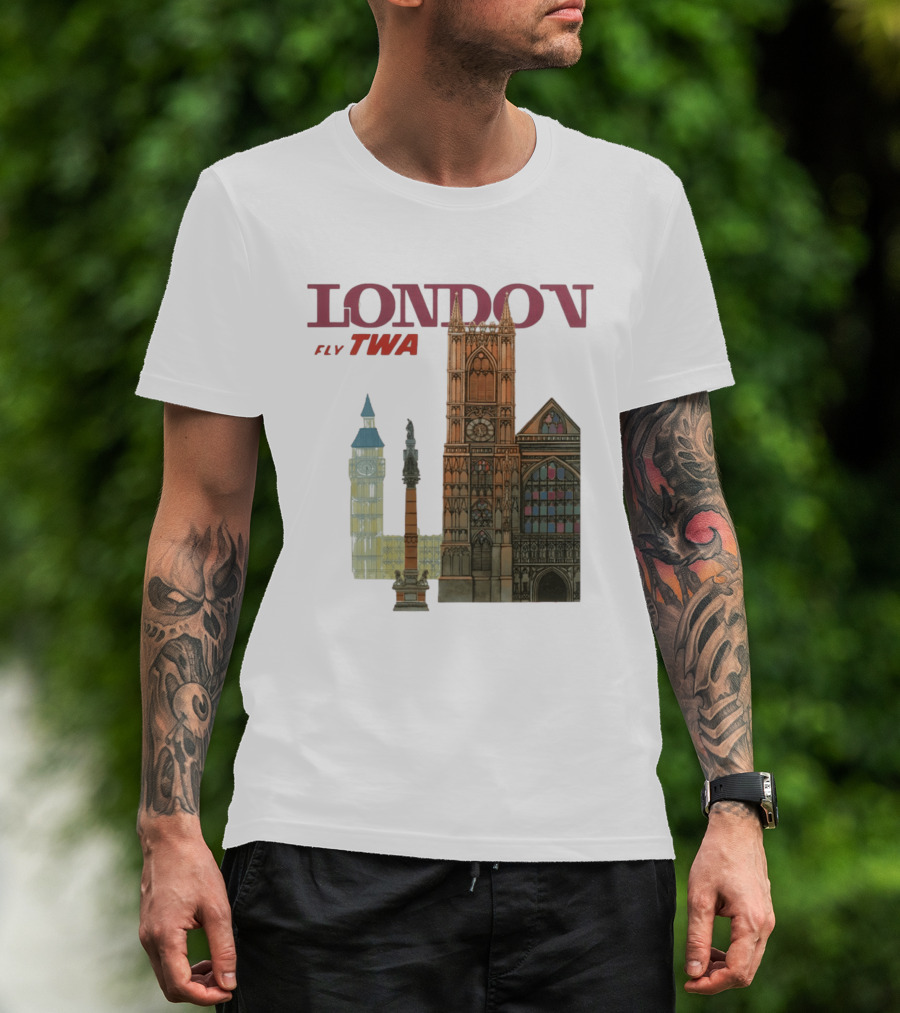 London Fly TWA Travel Big Ben Westminster Abbey Landmark T-Shirt