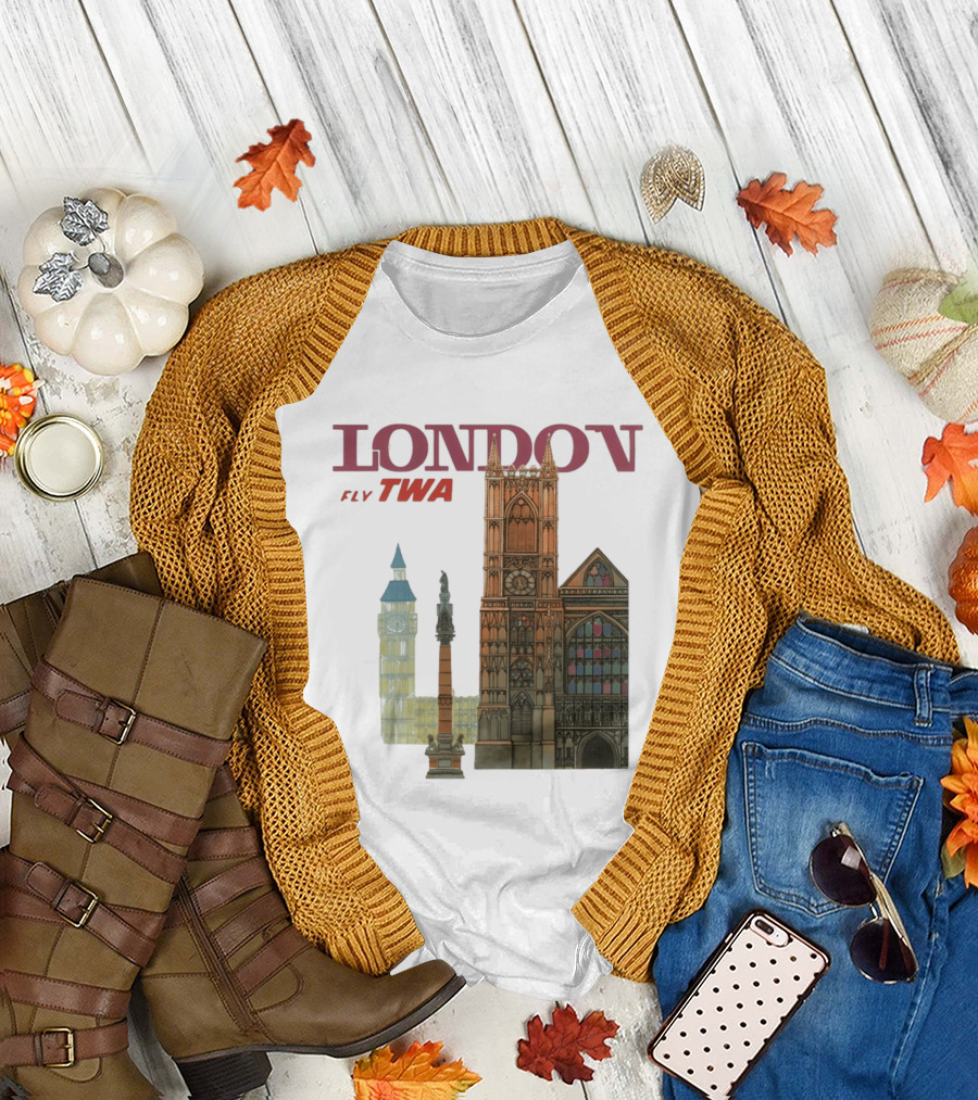 London Fly TWA Travel Big Ben Westminster Abbey Landmark T-Shirt