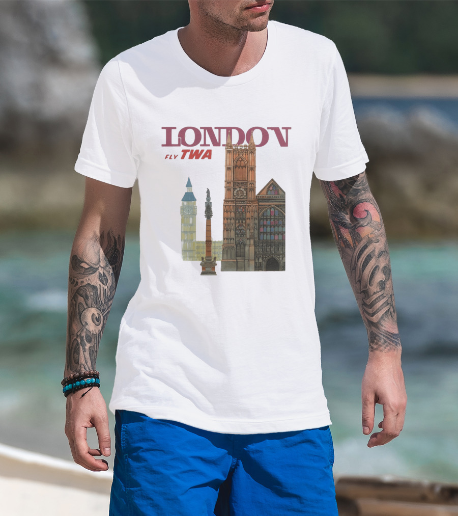 London Fly TWA Travel Big Ben Westminster Abbey Landmark T-Shirt