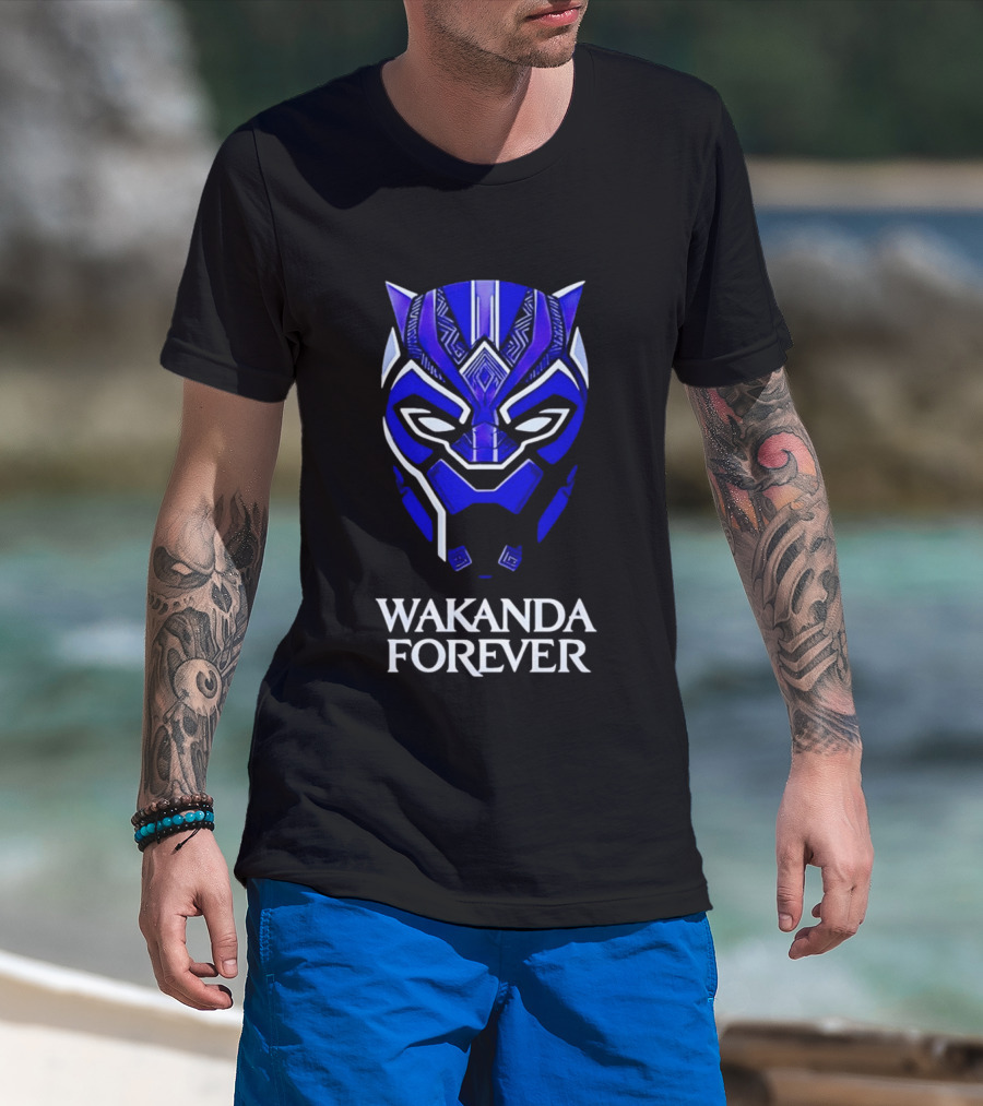 Wakanda Forever Blue Black Panther Mask Marvel T-Shirt