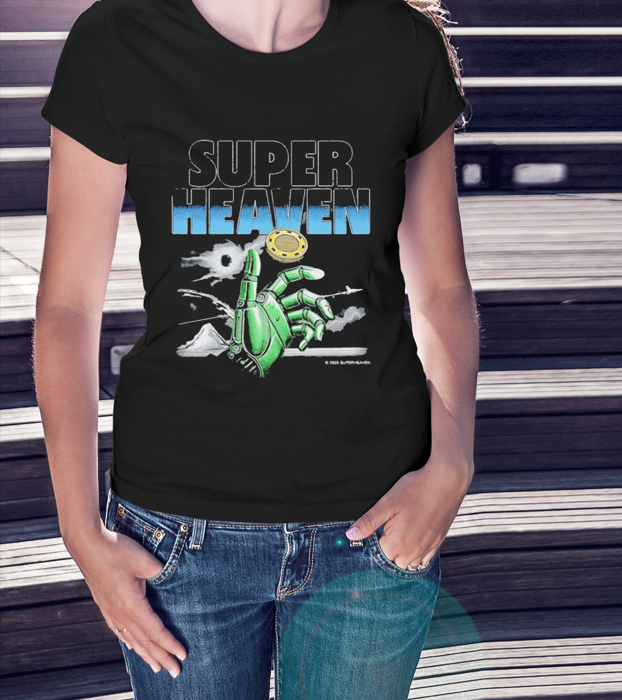 Superheaven Robotic Hand Space Adventure Coin And Mountain Scene T-Shirt