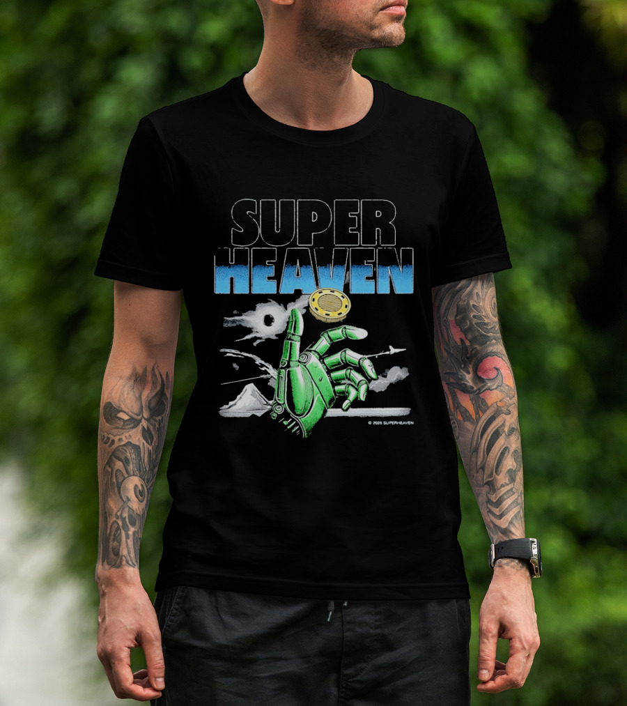 Superheaven Robotic Hand Space Adventure Coin And Mountain Scene T-Shirt