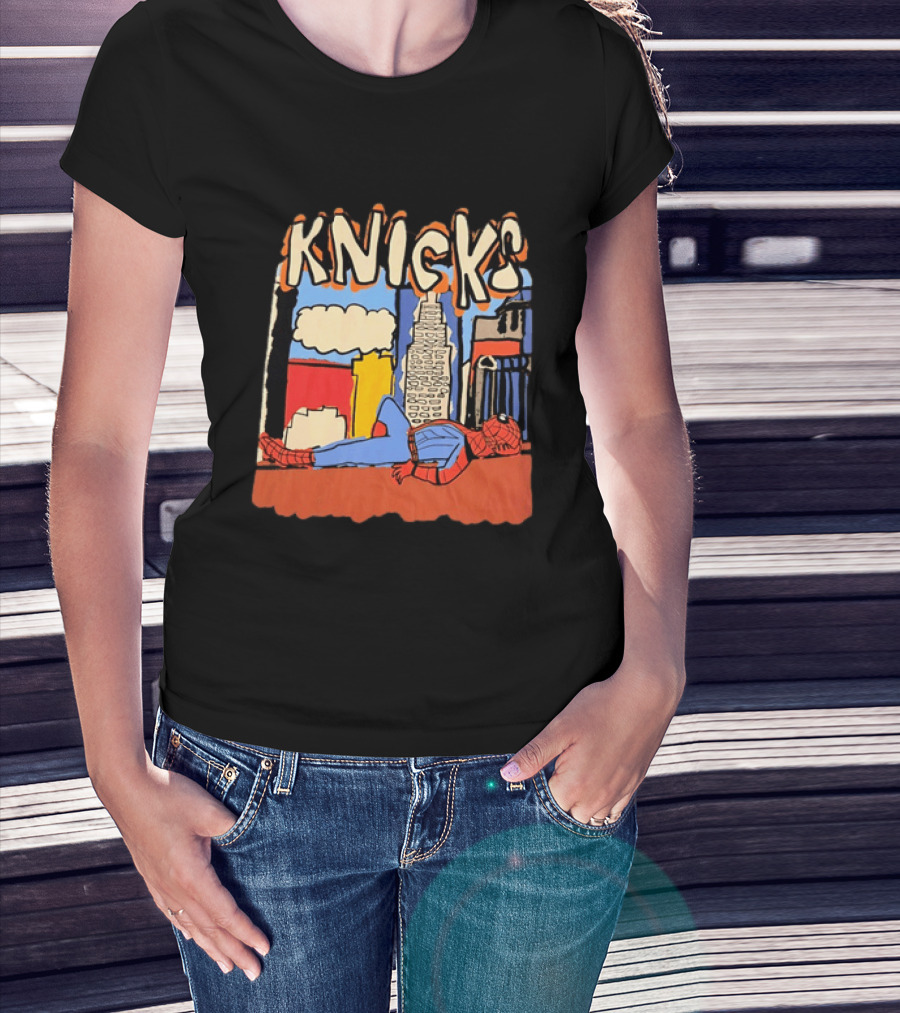 New York Knicks Spiderman Marvel NBA Basketball Skyline T-Shirt