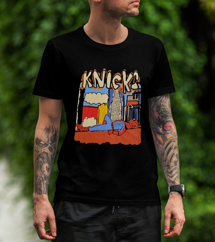 New York Knicks Spiderman Marvel NBA Basketball Skyline T-Shirt