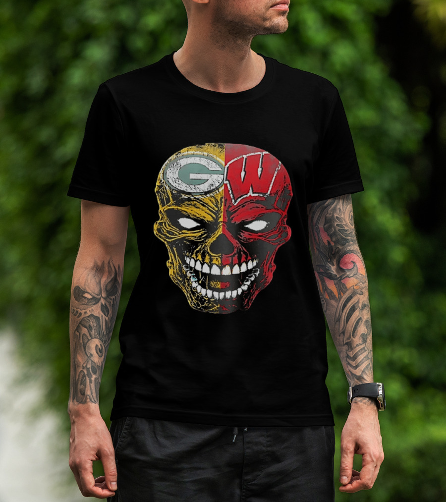 Wisconsin Green Bay Packers Badgers G W Skull Black T-Shirt