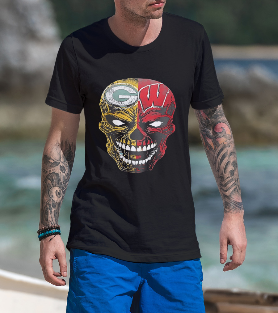 Wisconsin Green Bay Packers Badgers G W Skull Black T-Shirt
