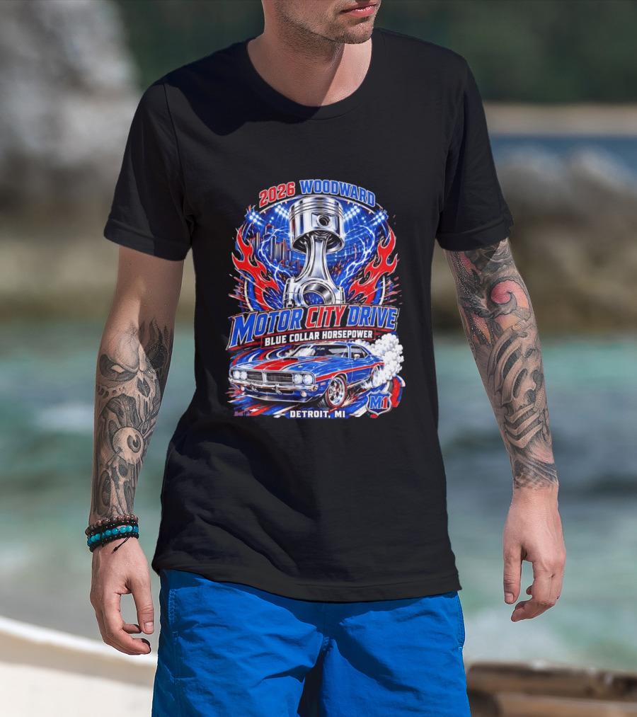 2026 Woodward Motor City Drive Blue Collar Horsepower Detroit MI M1 T-Shirt